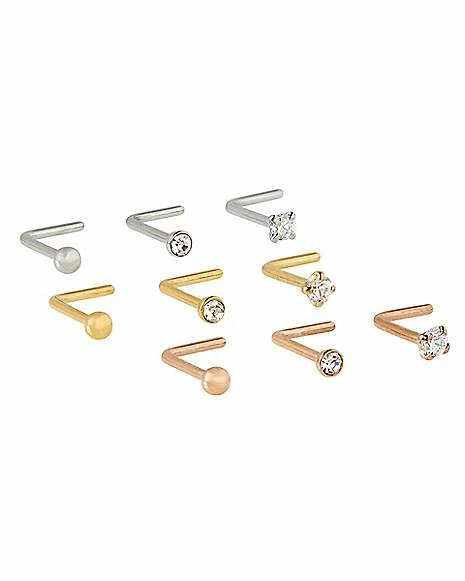 Flash Sale π€© Multi-Pack CZ Silvertone Goldtone and Rose Goldtone L-Bend Nose Rings 9 Pack - 20 Gauge β¨ 3 Flash Sale π€© Multi-Pack CZ Silvertone Goldtone and Rose Goldtone L-Bend Nose Rings 9 Pack - 20 Gauge β¨