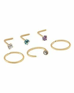 Flash Sale ⌛ Multi-Pack CZ Goldtone L-Bend and Hoop Nose Rings 6 Pack - 20 Gauge ❤️