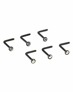 New 💯 Multi-Pack CZ Black Titanium L-Bend Nose Rings 6 Pack - 20 Gauge ✔️