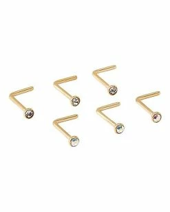 Best Sale 🥰 Multi-Pack CZ Goldtone Titanium L-Bend Nose Rings 6 Pack - 20 Gauge 😉
