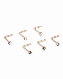 Budget ✨ Multi-Pack CZ Rose Goldtone Titanium L-Bend Nose Rings 6 Pack - 20 Gauge 🔥