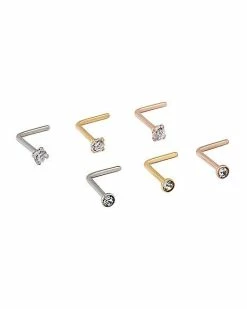 Deals 🤩 Multi-Pack CZ Silverplated Goldtone and Rose Goldtone Titanium L-Bend Nose Rings 6 Pack - 20 Gauge 🛒