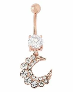 Wholesale 🔔 CZ Rose Goldtone Moon Dangle Belly Ring - 14 Gauge 🎁