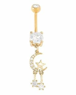 Hot Sale 🎉 CZ Goldtone Moon and Star Dangle Belly Ring - 14 Gauge 👏 -Playboy Shop 03880184 e