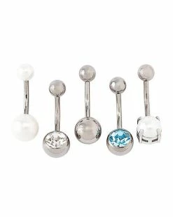 Promo 😍 Multi-Pack CZ Pearl-Effect and Silverplated Titanium Belly Rings 5 Pack - 14 Gauge 🔥