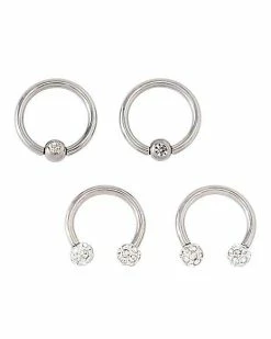 Promo 🤩 Multi-Pack CZ and Silverplated White Pave Titanium Cartilage Captive Rings and Horseshoes 4 Pack - 16 Gauge 🛒
