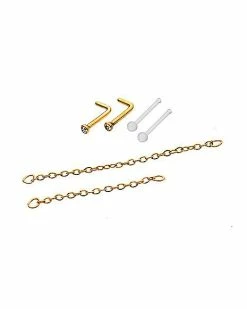 Deals 🔥 Multi-Pack CZ Goldplated L-Bend Nose Rings and Nose Chains 2 Pair - 18 Gauge 🎉 -Playboy Shop 03881455 b
