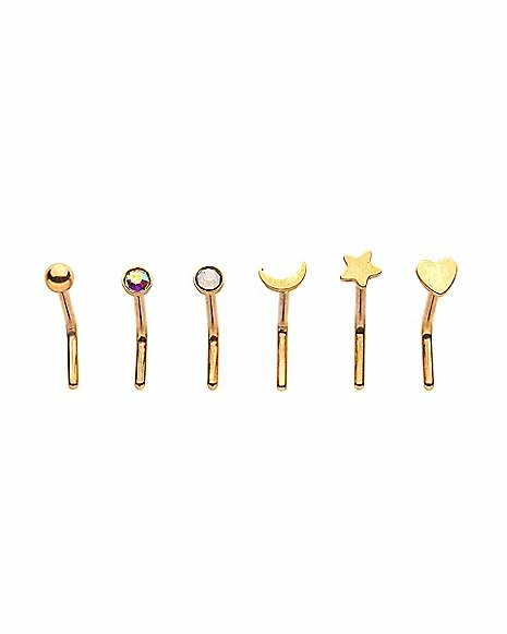 Brand new β Multi-Pack CZ Gold Plated Moon Star and Heart L-Bend Nose Rings 6 Pack - 20 Gauge π 3 Brand new β Multi-Pack CZ Gold Plated Moon Star and Heart L-Bend Nose Rings 6 Pack - 20 Gauge π