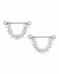 Coupon 👍 CZ Flower Half Circle Nipple Barbells - 14 Gauge 💯