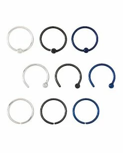 Best Pirce 🎁 Multi-Pack Black and Blue Hoop Nose Rings and Half Hoop Nose Rings 9 Pack - 20 Gauge 🎁