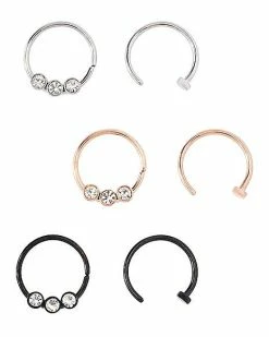 Buy ⌛ Multi-Pack CZ Silvertone Rose Goldtone and Black Hoop Nose Rings and Half Hoop Nose Rings 6 Pack - 20 Gauge 🎉