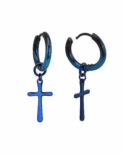 Buy 🛒 Blue Cross Dangle Huggie Hoop Earrings - 18 Gauge 😉