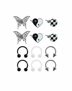 Hot Sale 🥰 Multi-Pack Butterfly Yin Yang Stud Earrings and Horseshoe Rings 6 Pair - 18 Gauge ⭐