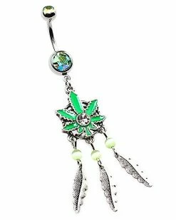 Best Pirce ⭐ CZ Aurora Borealis Effect Weed Leaf Dream Catcher Dangle Belly Ring - 14 Gauge ⌛ -Playboy Shop 03904307 c
