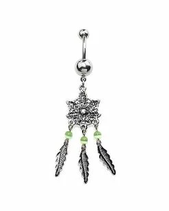 Best Pirce ⭐ CZ Aurora Borealis Effect Weed Leaf Dream Catcher Dangle Belly Ring - 14 Gauge ⌛ -Playboy Shop 03904307 d