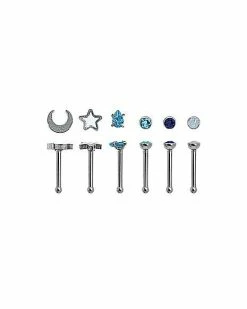Best deal 🥰 Multi-Pack CZ Moon and Star Bone Nose Rings 6 Pack - 20 Gauge 🥰