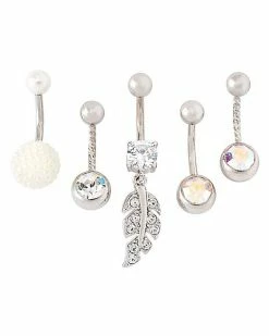 Cheapest 👍 Multi-Pack CZ Pearl Feather Dangle Belly Rings 5 Pack - 14 Gauge 🤩