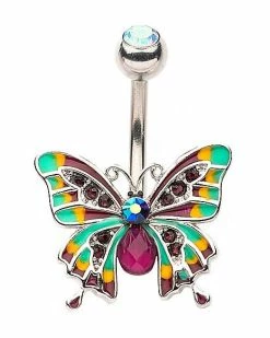 Best deal 😀 CZ Aurora Borealis Effect Rainbow Butterfly Belly Ring - 14 Gauge ⌛