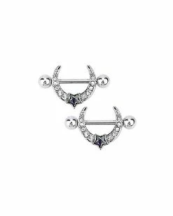 Discount 🛒 CZ Crescent Moon and Star Nipple Shields - 14 Gauge 🥰