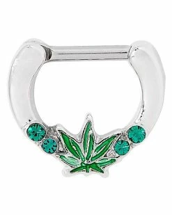 Coupon 🔥 CZ Green Weed Leaf Clicker Septum Ring - 16 Gauge 🔔