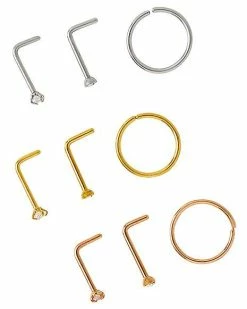 New 🤩 Multi-Pack CZ Rose Gold Silver and Gold L-Bend and Hoop Nose Rings 9 Pack - 20 Gauge ⭐ -Playboy Shop 03913308 b