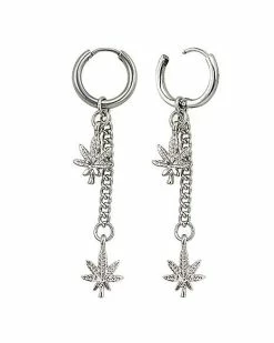 Deals ✔️ Double Weed Leaf Dangle Huggie Hoop Earrings - 18 Gauge 😀