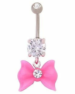 Cheap 🧨 CZ Pink Bow Dangle Belly Ring - 14 Gauge ❤️