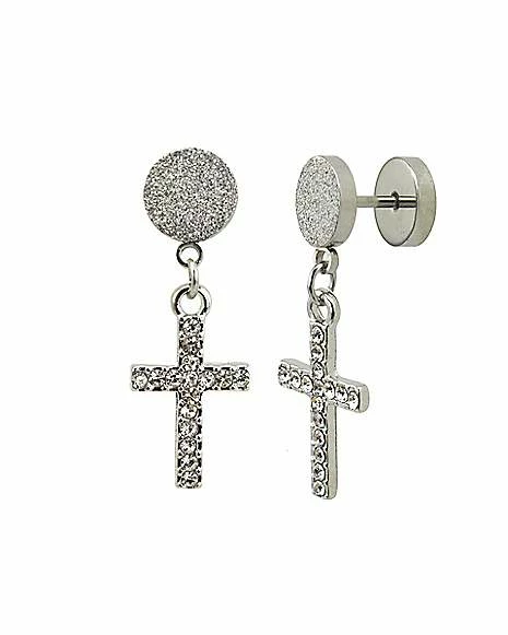 Promo β€οΈ CZ Silvertone Cross Dangle Fake Plugs π 3 Promo β€οΈ CZ Silvertone Cross Dangle Fake Plugs π