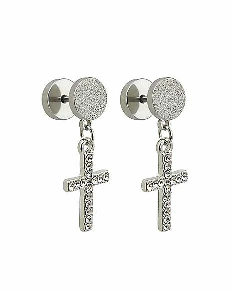 Promo β€οΈ CZ Silvertone Cross Dangle Fake Plugs π 4 Promo β€οΈ CZ Silvertone Cross Dangle Fake Plugs π - Image 2