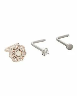 Wholesale ❤️ Multi-Pack CZ Groovy Flower L-Bend Nose Rings 3 Pack - 20 Gauge ❤️