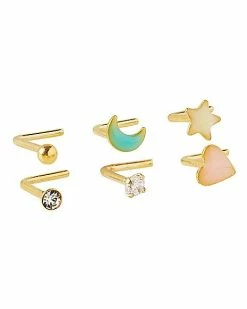 Playboy Shop 19 New 🔥 Multi-Pack CZ Goldtone Heart Star and Moon L-Bend Nose Rings 6 Pack - 20 Gauge 😉