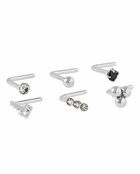 Flash Sale π Multi-Pack CZ Silvertone Key and Ball L-Bend Nose Rings 6 Pack - 20 Gauge π₯ 3 Flash Sale π Multi-Pack CZ Silvertone Key and Ball L-Bend Nose Rings 6 Pack - 20 Gauge π₯