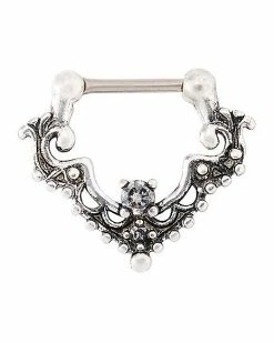 New ❤️ CZ Silvertone Filigree Bat Clicker Septum Ring - 16 Gauge 🔔