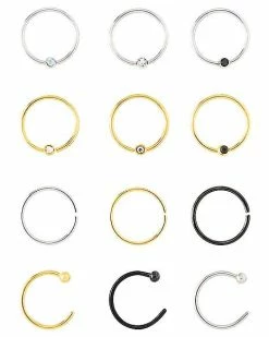 Budget 🔔 Multi-Pack CZ Goldtone Silvertone and Black Captive Rings Hoop Nose Rings and Half Hoop Nose Rings 12 Pack - 20 Gauge 🎉 -Playboy Shop 03921681 a