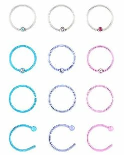 Brand new 🤩 Multi-Pack Blue Purple and Pink Captive Rings Hoop Nose Rings and Half Hoop Nose Rings 12 Pack - 20 Gauge 👏 -Playboy Shop 03921699 a