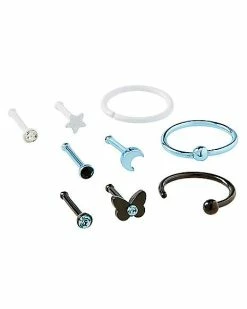 Cheapest ✨ Multi-Pack CZ Black and Blue Hoops and Bone Nose Rings 9 Pack - 20 Gauge 🤩