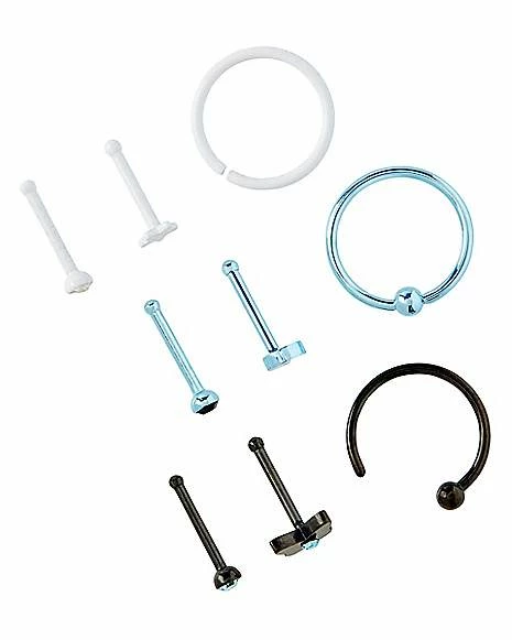 Cheapest β¨ Multi-Pack CZ Black and Blue Hoops and Bone Nose Rings 9 Pack - 20 Gauge π€© 4 Cheapest β¨ Multi-Pack CZ Black and Blue Hoops and Bone Nose Rings 9 Pack - 20 Gauge π€© - Image 2