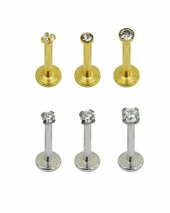 Best Sale 🔥 Multi-Pack CZ Goldtone and Silvertone Labret Lip Rings 6 Pack - 16 Gauge ⭐