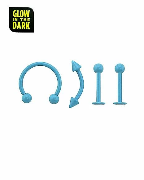 Hot Sale π₯ Multi-Pack Glow In The Dark Blue Horseshoe Ring Curved Barbell and Labret Rings 4 Pack - 16 Gauge π 4 Hot Sale π₯ Multi-Pack Glow In The Dark Blue Horseshoe Ring Curved Barbell and Labret Rings 4 Pack - 16 Gauge π - Image 2