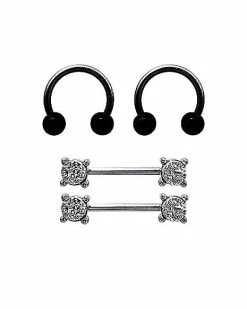 Coupon 🔔 Multi-Pack CZ Pave Horseshoe Rings and Nipple Barbells 4 Pack - 14 Gauge 🥰