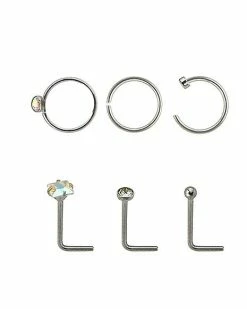 Deals 😀 Multi-Pack CZ Titanium L-Bend Nose Rings and Hoop Nose Rings 6 Pack - 20 Gauge ✔️ -Playboy Shop 03923554 b