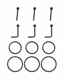 Best Sale 😉 Multi-Pack Black Nose Pins and L-Bend Nose Rings and Hoop Nose Rings 12 Pack - 20 Gauge 🤩