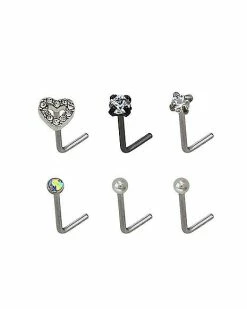 Deals ❤️ Multi-Pack Prong CZ Heart L-Bend Nose Rings 6 Pack - 20 Gauge 🤩 -Playboy Shop 03923653 b
