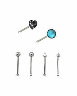 Hot Sale 👏 Multi-Pack Black Heart and Blue Stone Bone Nose Rings 6 Pack - 20 Gauge 🔥