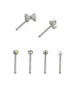 Hot Sale ⭐ Multi-Pack CZ Pearl Bow Bone Nose Pins 6 Pack - 20 Gauge 🎁