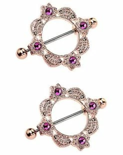Discount 💯 Rose Goldtone Ornate Nipple Shields - 14 Gauge 🌟 -Playboy Shop 03923844 c