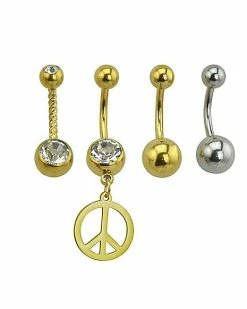 Wholesale π₯ Multi-Pack Goldtone Peace Dangle Belly Ring 4 Pack - 14 Gauge π₯