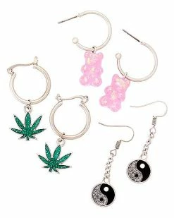 Coupon 😀 Multi-Pack Gummy Bear Weed Leaf Yin Yang Smiley Face Earrings - 6 Pair ✔️ -Playboy Shop 03925591 b