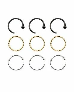 Discount ❤️ Multi-Pack Black Goldtone and Silvertone Nose Rings 9 Pack - 20 Gauge ⌛