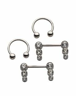 Promo 🤩 CZ Multi-Pack Horseshoe and Barbell Nipple Rings 4 Pack - 14 Gauge 🛒